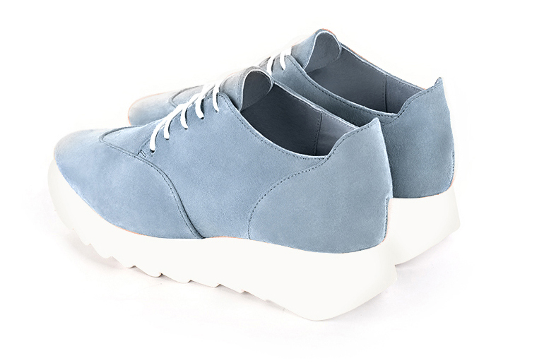 Sky blue women's casual lace-up shoes. Square toe. Low rubber soles. Rear view - Florence KOOIJMAN